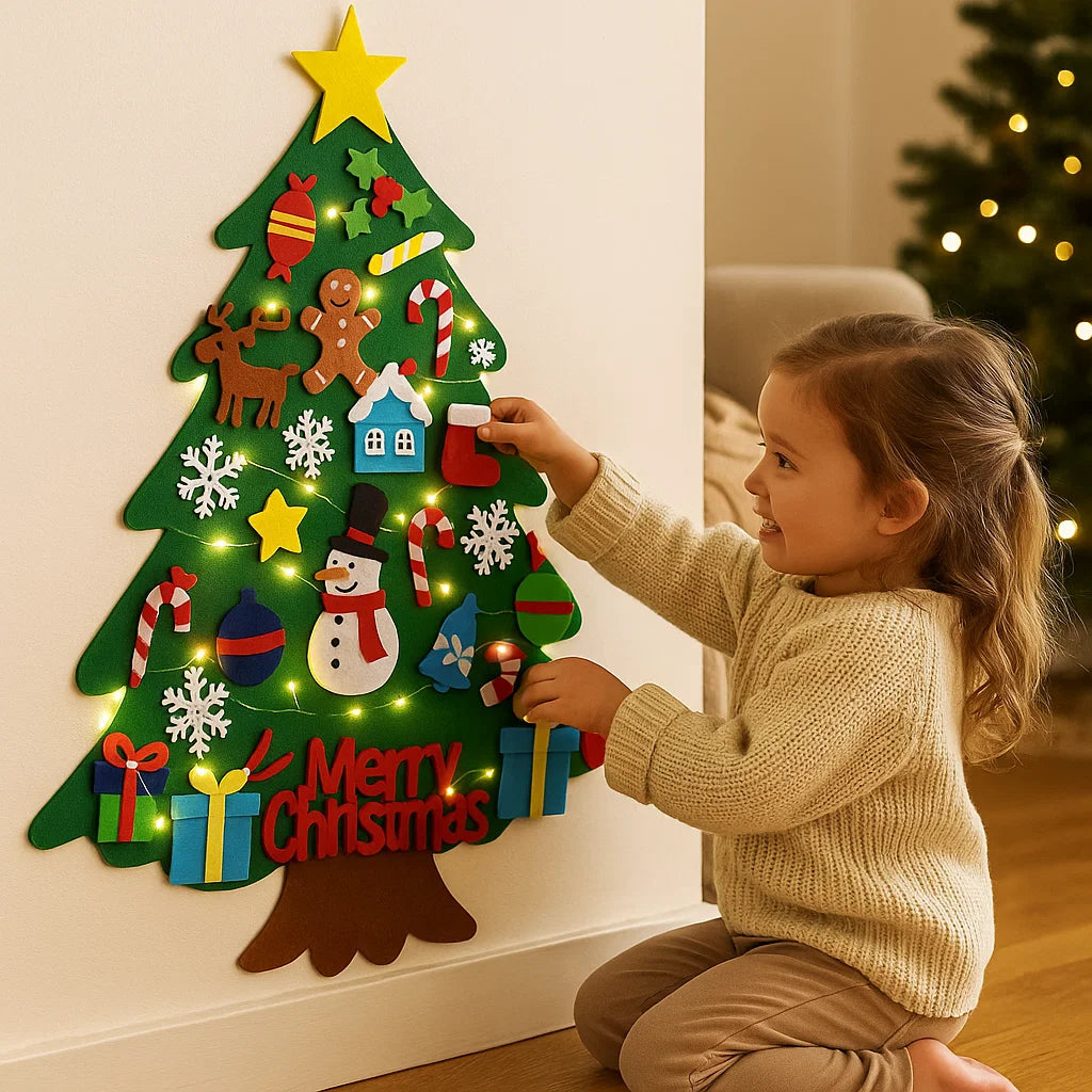 DIY-juletre av filt for barn ⎜ Sikker veggdekorasjon med avtakbare ornamenter for lek og moro i julen