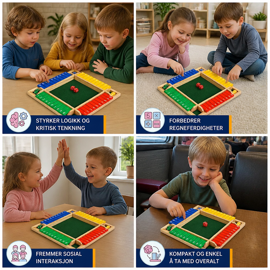 Shut the Box-familiespill – sett for fire spillere